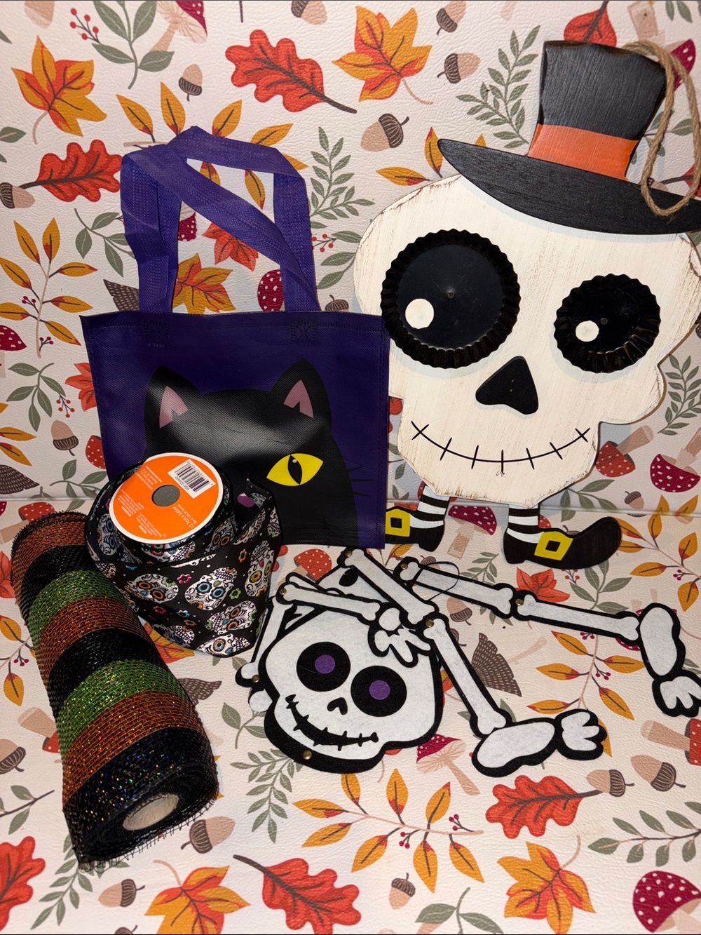 Halloween Sugar Skull and Striped Mesh Ribbon Set